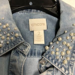Chicos Size 2 Blue Jean Shirt with pearls